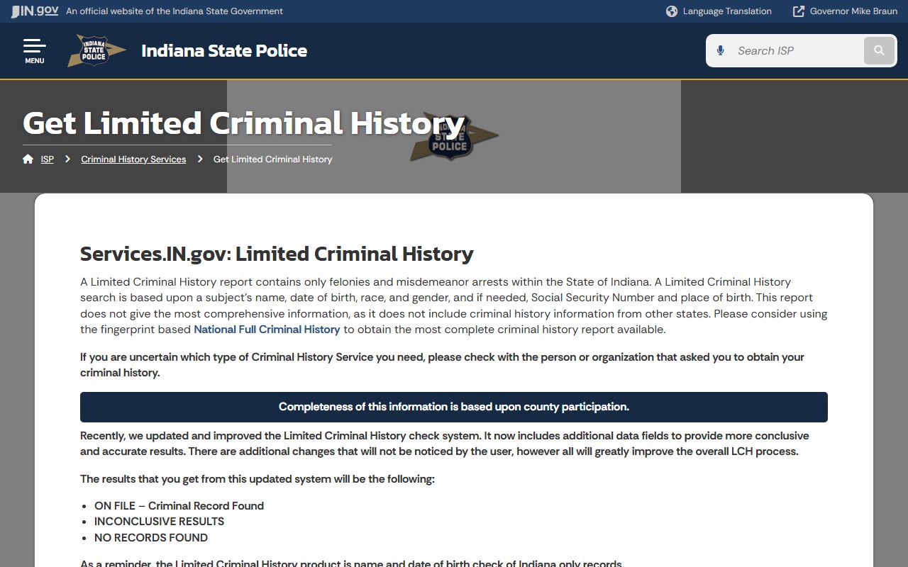 Sullivan County criminal court records Indiana State Police limited criminal history source